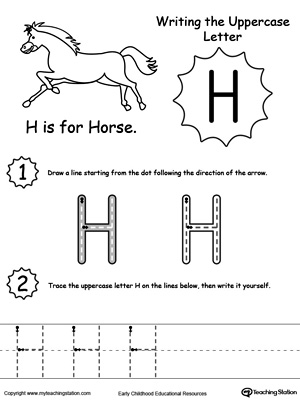 Help your child practice writing the uppercase letter H with this printable worksheet.