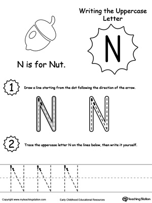 Help your child practice writing the uppercase letter N with this printable worksheet.