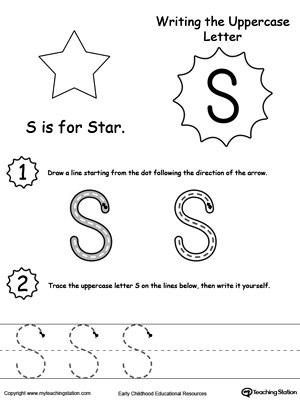 Help your child practice writing the uppercase letter S with this printable worksheet.