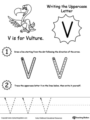 Help your child practice writing the uppercase letter V with this printable worksheet.