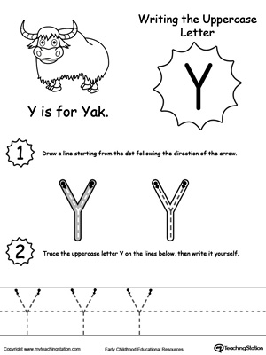 Help your child practice writing the uppercase letter Y with this printable worksheet.