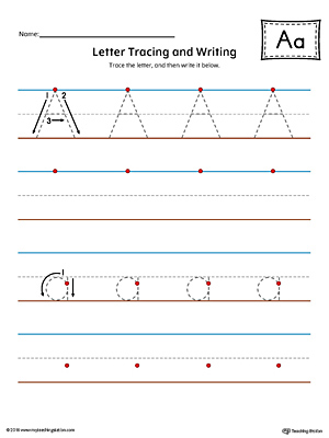 Letter A Tracing and Writing Printable Worksheet (Color)