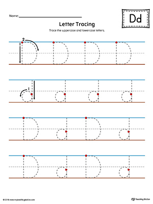 Trace the uppercase and lowercase letter D in this printable worksheet with red and blue guiding lines.
