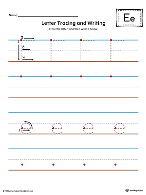 Letter E Tracing and Writing Printable Worksheet (Color)