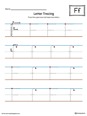 Trace the uppercase and lowercase letter F in this printable worksheet with red and blue guiding lines.