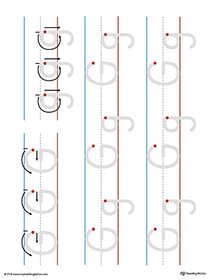 Practice writing the lowercase and uppercase letter G with this printable writing mat.