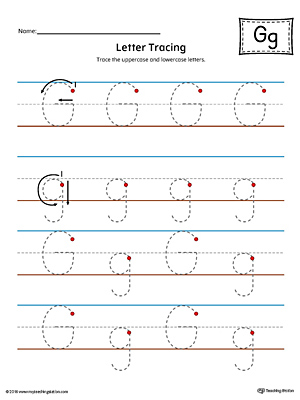 Trace the uppercase and lowercase letter G in this printable worksheet with red and blue guiding lines.