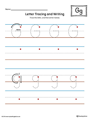 Letter G Tracing and Writing Printable Worksheet (Color)