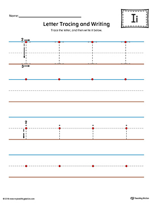 Letter I Tracing and Writing Printable Worksheet (Color)