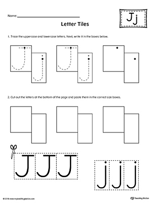 Practice tracing and then writing the uppercase and lowercase letter J with this kindergarten printable worksheet.