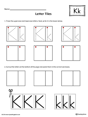 Practice tracing and then writing the uppercase and lowercase letter K with this kindergarten printable worksheet.