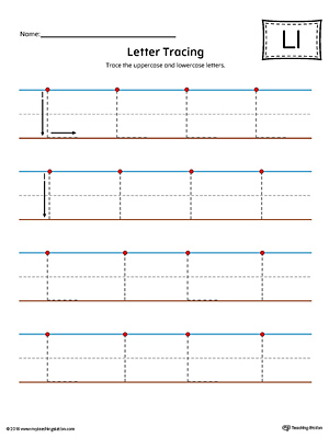 Trace the uppercase and lowercase letter L in this printable worksheet with red and blue guiding lines.