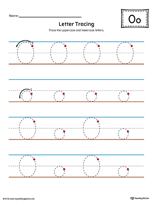 Trace the uppercase and lowercase letter O in this printable worksheet with red and blue guiding lines.
