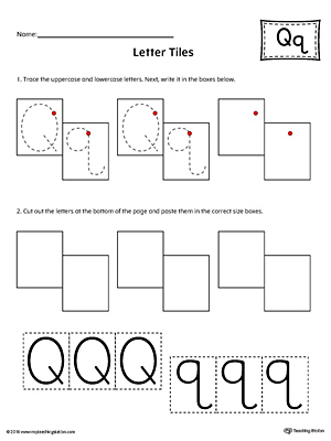 Practice tracing and then writing the uppercase and lowercase letter Q with this kindergarten printable worksheet.