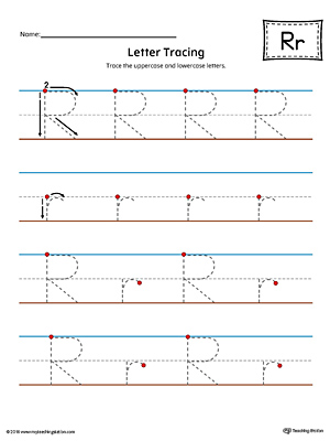 Trace the uppercase and lowercase letter R in this printable worksheet with red and blue guiding lines.