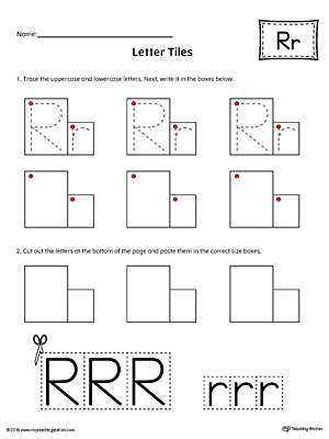 Practice tracing and then writing the uppercase and lowercase letter R with this kindergarten printable worksheet.