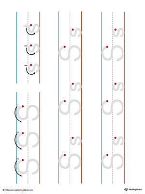 Practice writing the lowercase and uppercase letter S with this printable writing mat.