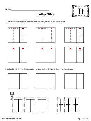 Practice tracing and then writing the uppercase and lowercase letter T with this kindergarten printable worksheet.