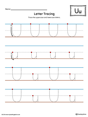 Trace the uppercase and lowercase letter U in this printable worksheet with red and blue guiding lines.