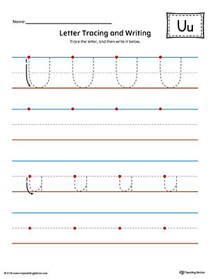 Letter U Tracing and Writing Printable Worksheet (Color)