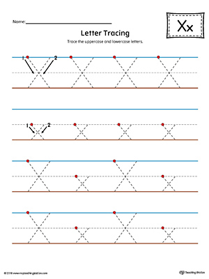 Trace the uppercase and lowercase letter X in this printable worksheet with red and blue guiding lines.