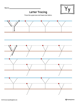 Trace the uppercase and lowercase letter Y in this printable worksheet with red and blue guiding lines.