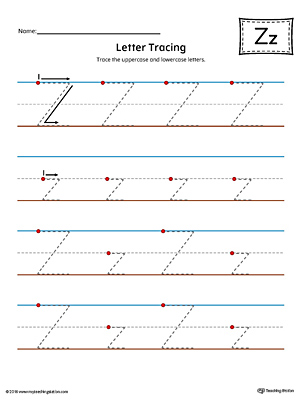 Trace the uppercase and lowercase letter Z in this printable worksheet with red and blue guiding lines.