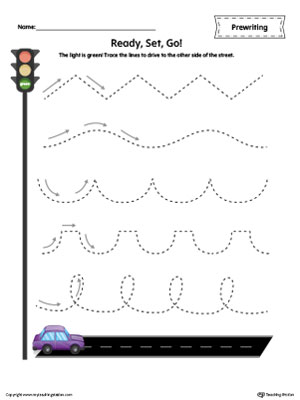 Car Racing Line Tracing Prewriting Worksheet in Color
