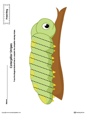 Caterpillar Diagonal Line Tracing Prewriting Worksheet in Color