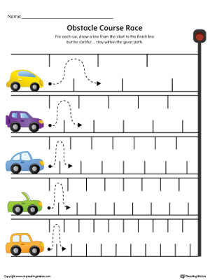 Help your child practice pre-writing with this fun line tracing obstacle course race worksheet in color.