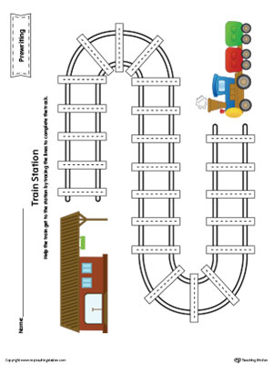 Prewriting Line Tracing Train Station Worksheet in Color