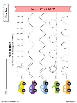 Prewriting Line Tracing to Race Worksheet in Color