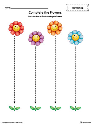 Straight Line Tracing Prewriting Flower Worksheet in Color