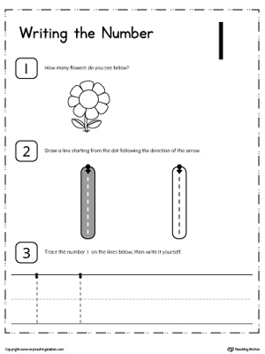 Learn how to count and write number 1 with these printable activity worksheets for preschool and kindergarten.