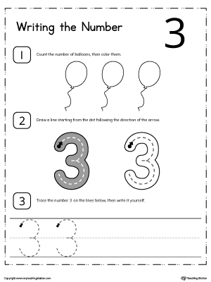 Learn how to count and write number 3 with these printable activity worksheets for preschool and kindergarten.