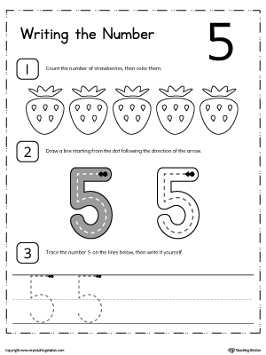 Learn how to count and write number 5 with these printable activity worksheets for preschool and kindergarten.