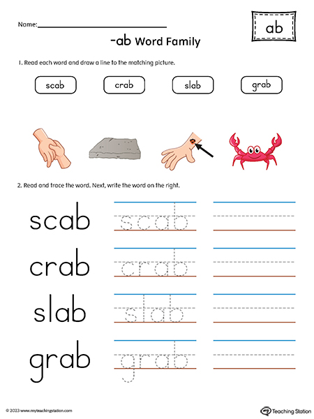 AB Word Family Match Pictures and Write Simple Words Printable PDF