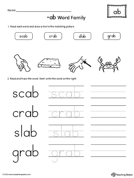 AB Word Family Match Pictures and Write Simple Words Worksheet
