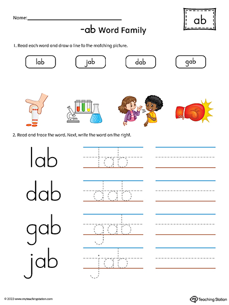 AB Word Family Match and Spell Words Printable PDF