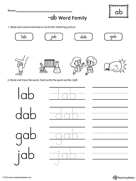 AB Word Family Match and Spell Words Worksheet