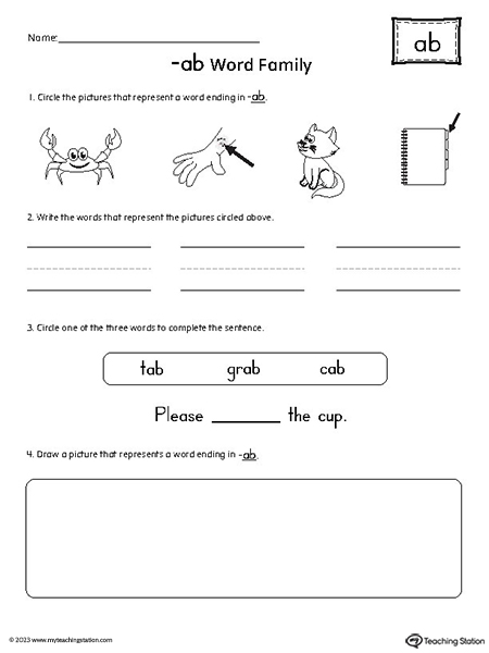 AB Word Family Picture and Word Match Worksheet