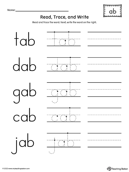 AB Word Family - Read, Trace, and Spell Worksheet