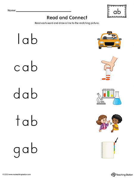AB Word Family Read and Connect to Image Printable PDF