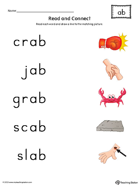 AB Word Family Read and Match Words to Pictures Printable PDF