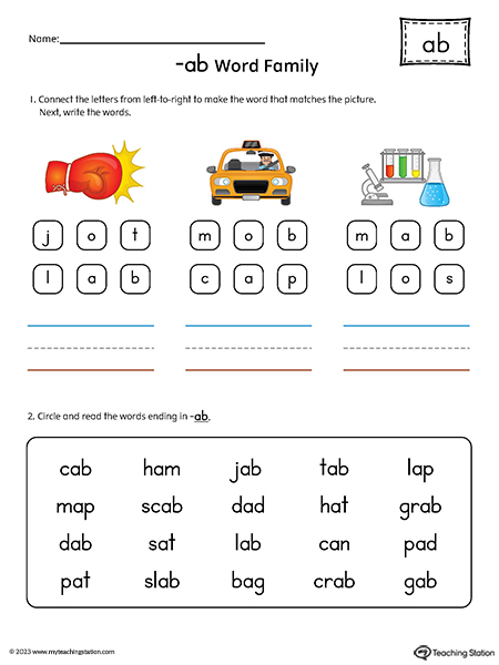 AB Word Family Read and Spell Simple Words Printable PDF