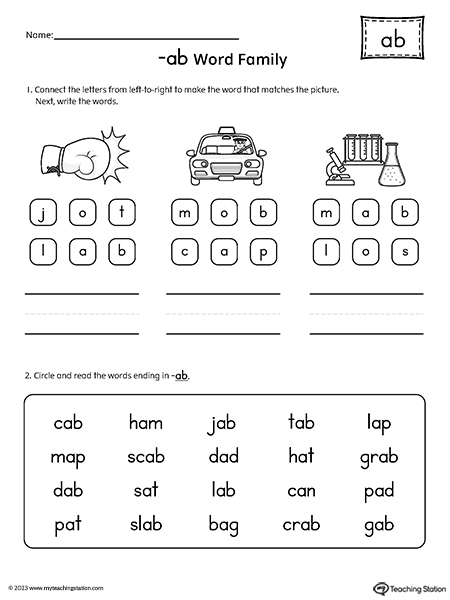 AB Word Family Read and Spell Simple Words Worksheet