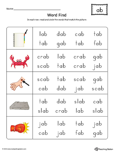 AB Word Family Word Find Printable PDF