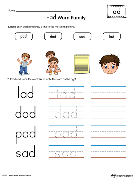 AD Word Family Match Pictures and Write Simple Words Printable PDF