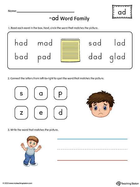 AD Word Family Match and Spell Printable PDF