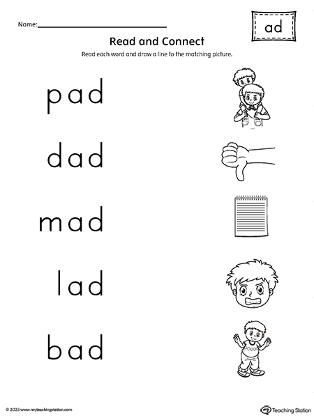 AD Word Family Read and Connect to Image Worksheet